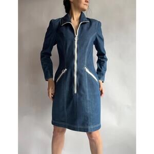 Chetta B Cotton Denim Shoulder Pad Y2k Vintage Mini Zipper Moto Dress Sz 6